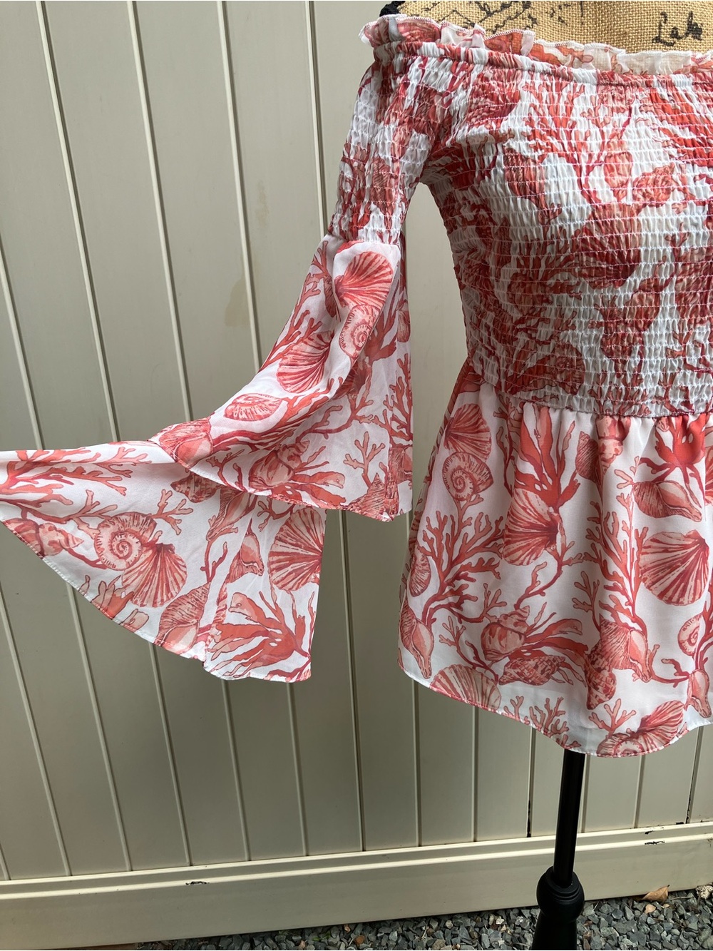 Off shoulder bell sleeve tired smocked summery seashell top coral small